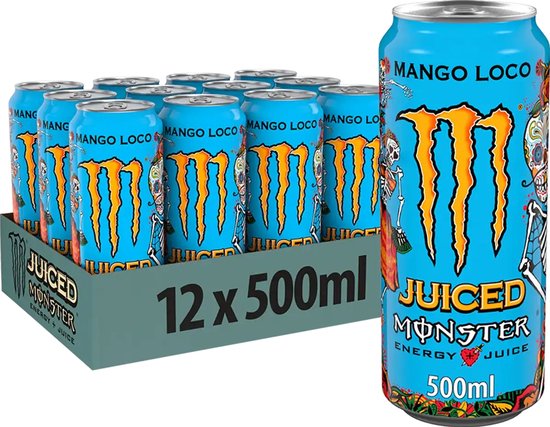 Een blikje Monster Mango Loco naast een doos met 11 blikjes. Blikje is lichtblauw met oranje Monster logo, skeletten en 'Mango Loco'.