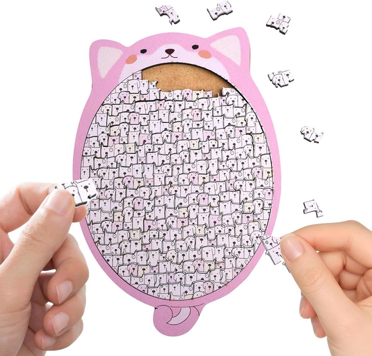Houten Hondenpuzzel - Educatief Speelgoed - Cognitieve Stimulatie - Meerlaags Ontwerp - 20 x 14 cm - Roze Wit