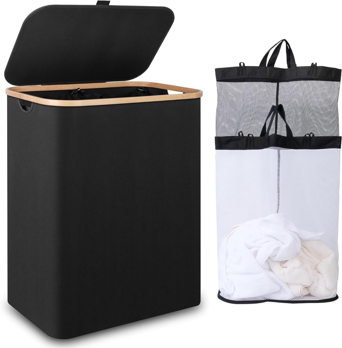 Florixa® Wasmand 2 Vakken - Wasmand - Wassorteerder - Zwart - 57cm x 37cm x 70cm