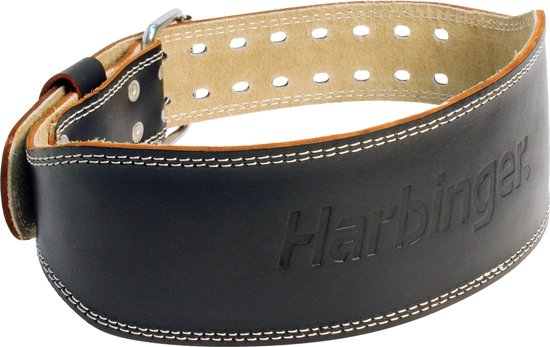 Zwarte Harbinger leren gewichthefband met stiksels en logo.