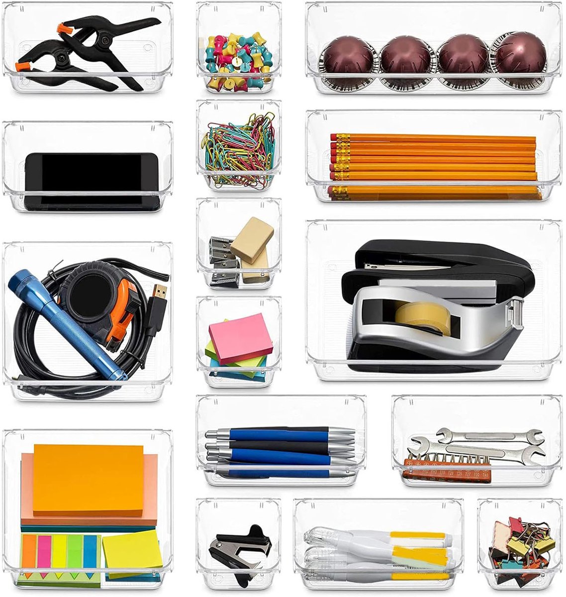 16-delige Lade Organizer Set – Gestreept Design – PET Opbergboxen voor Bureau en Kast – Meerdere Maten