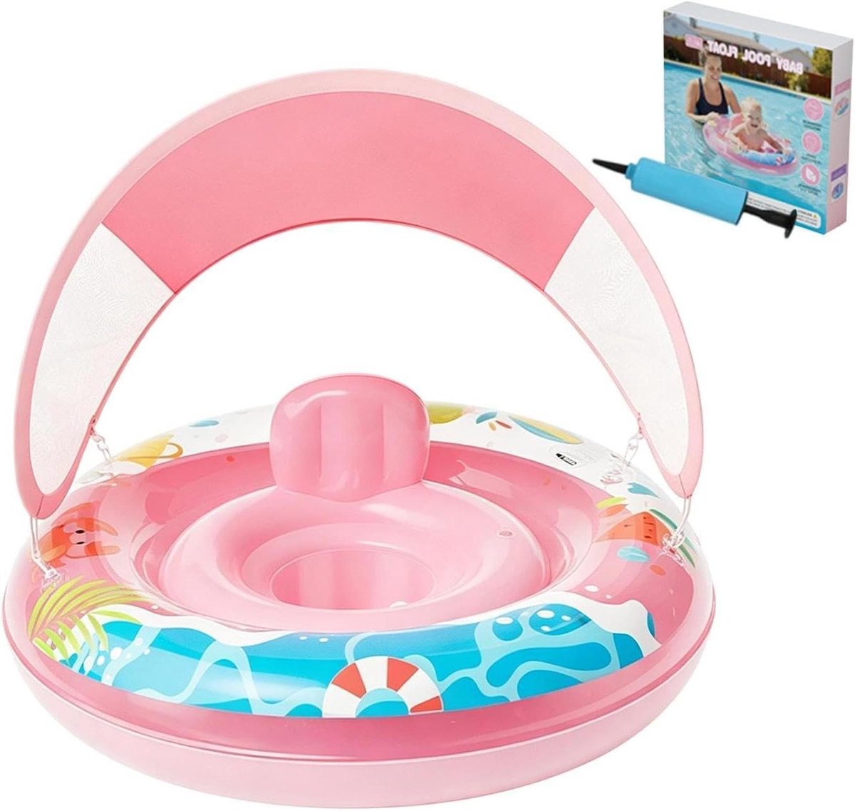 Zwemring voor kinderen - Opblaasbaar zwemzitje - Waterpret bevorderen - Met zonnekap - 65 cm breed - Roze