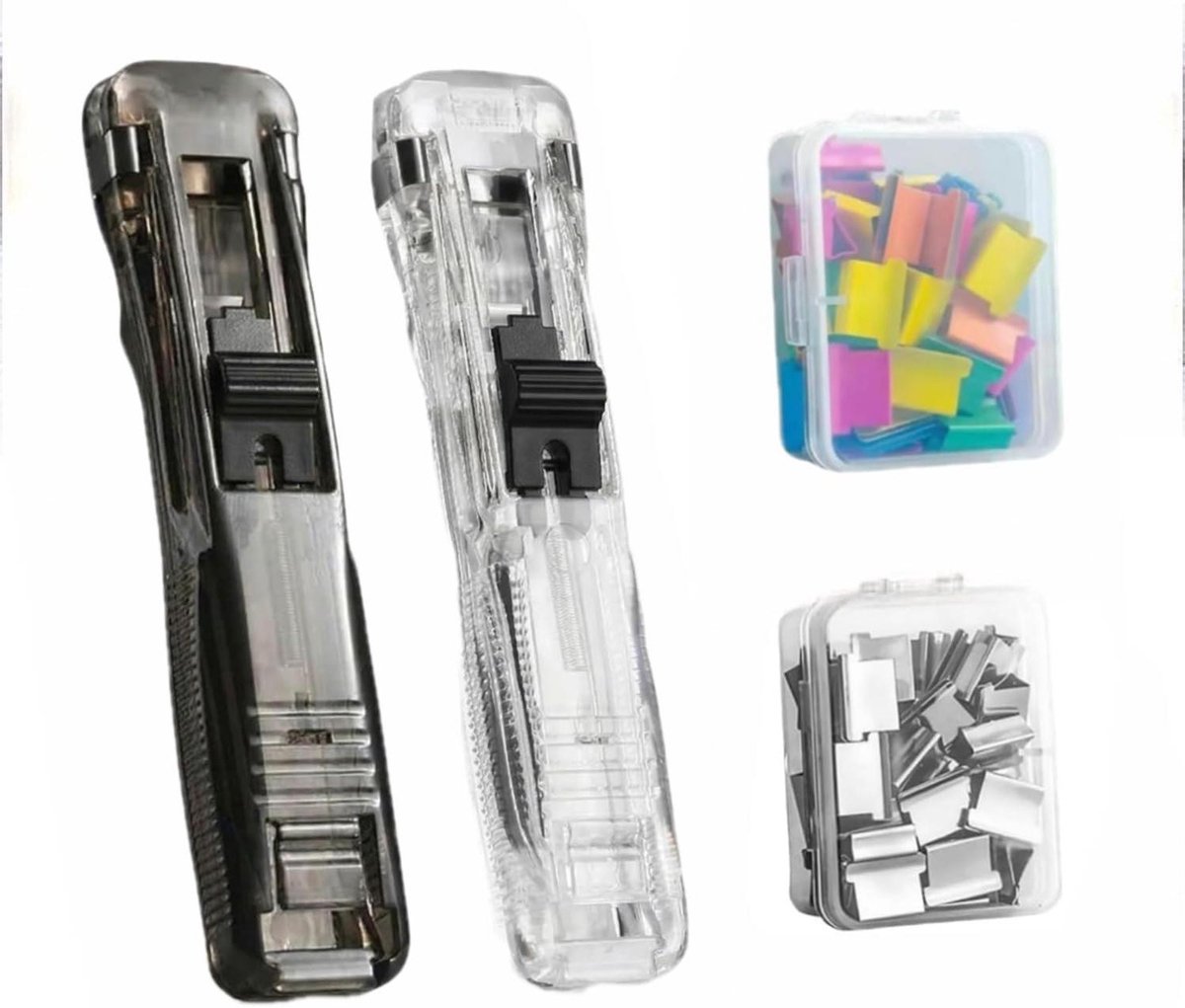 2 stuks herbruikbare creatieve nietmachine, push clamp nietmachine houder, klemloze nietmachine, bindclip nietmachine met 100 roestvrijstalen nietjes, creatieve nietmachine mini push nietset (B)