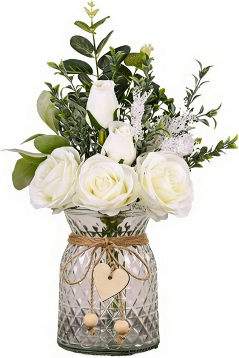 Zijden Rozen - Nepbloemen Vaas - Huis Decoratie - Levensecht Design - 35 cm Hoog - Wit