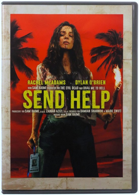 Rachel McAdams staat op een poster met een fakkel in haar hand, met palmbomen op de achtergrond en rode lucht. De tekst "SEND HELP" is prominent aanwezig.