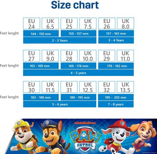 Maattabel voor Paw Patrol pantoffels, met Europese en Britse maten voor kinderen van 2 tot 8 jaar.