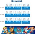 Maattabel voor Paw Patrol pantoffels, met Europese en Britse maten voor kinderen van 2 tot 8 jaar.