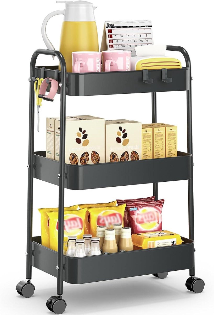 Opbergwagen Met Wielen - Rolcontainer Trolley - Ruimte Organiseren - Ademend Mesh Manden - 3 Lagen - Zwart