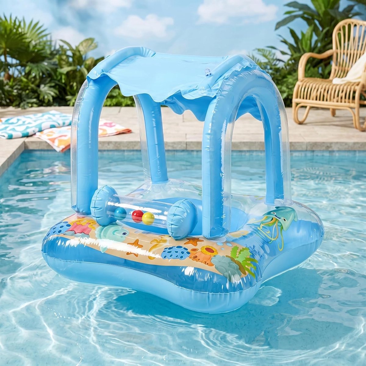 Baby Zwemring - Opblaasbaar Vlotter - Veilig Zwemmen - Met Zonnedak - 60x60x58 cm - Blauw – foto 5