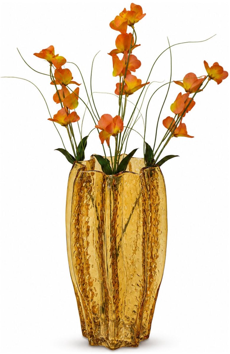 Mega Collections Bloemenvaas Callas - bewerkt sier glas - D13 x H23 cm - transparant amber geel - boeket en stelen - Moderne stijl