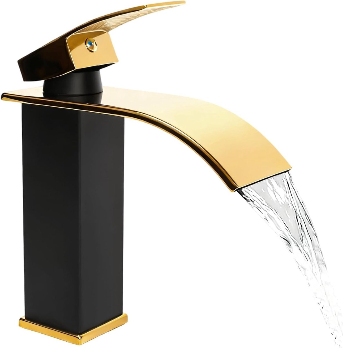 Wastafelkraan Waterval - Badkamerkraan Mengkraan - Stijlvol Badkamerontwerp - Brede Waterval Uitloop - 17 x 18 cm - Zwart-Goud