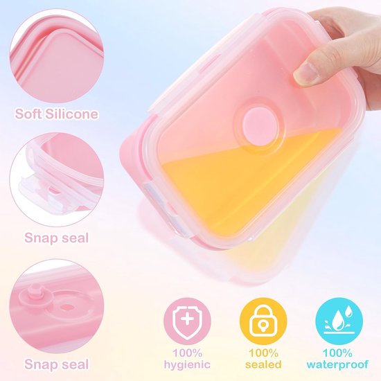 Opvouwbare Campingkommen - Platte Lunchboxen - Voedsel Bewaren - Lekvrij en Vershoudend - 350 550 800 ml - Geel Roze Mint — afbeelding 4