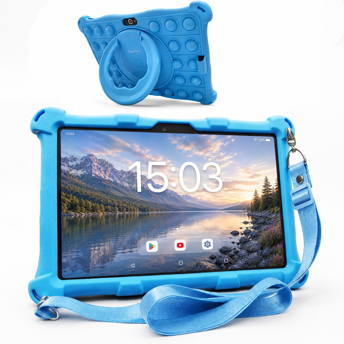 AngelTech Kindertablet XL – 3+4GB RAM - 32+64GB – Android 14 - 100%Kidsproof - Extra Groot – Vanaf 3 Jaar - Ook Voor Volwassen Gebruik - 10 Inch - Ouderlijk Toezicht – Fidgy Beschermhoes – Blauw