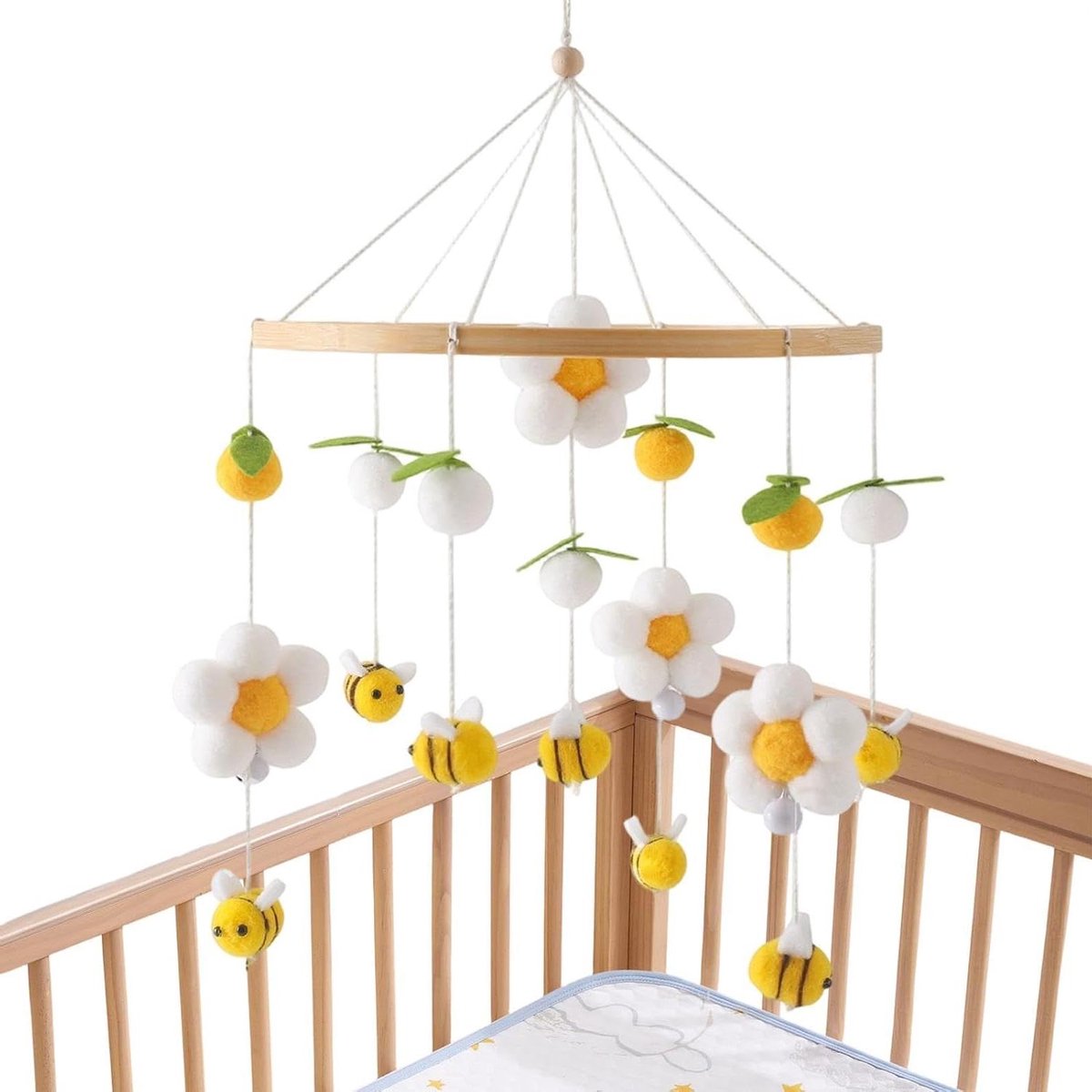 Houten Kinderbed Mobiel - Wiegdecoratie Speelgoed - Baby Ontwikkeling Stimuleren - Handgeknoopte Veiligheidsknopen - 25 x 23.3 x 3 cm