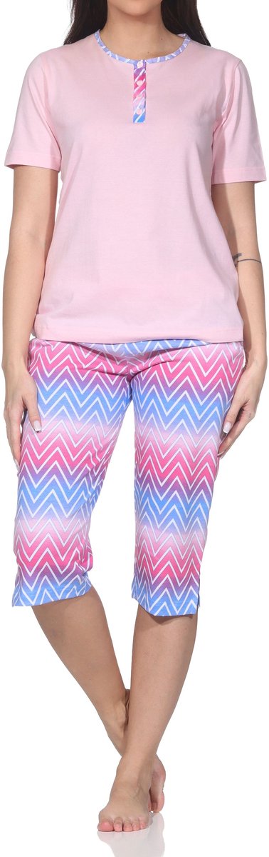 Normann dames capri-pyjama met korte mouwen – modern zigzagdesign – ook in grote maten rosa