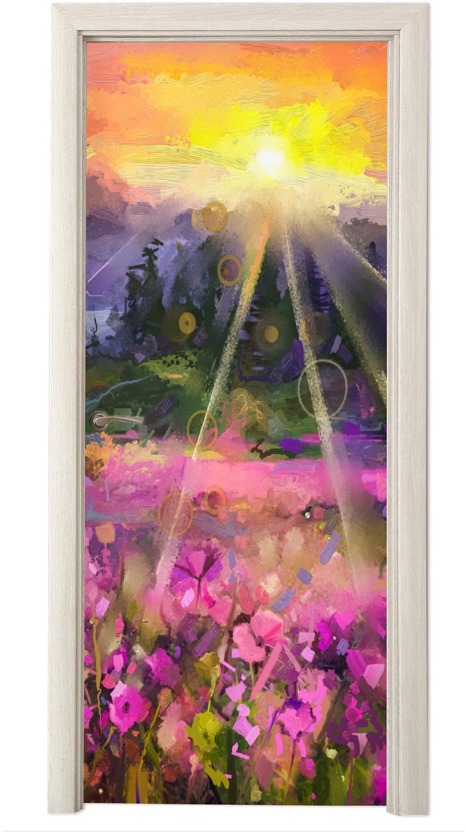 Deurposter 85x215 cm - Deursticker Schilderij - Olieverf - Bloemen - Natuur - Zon - Meubel