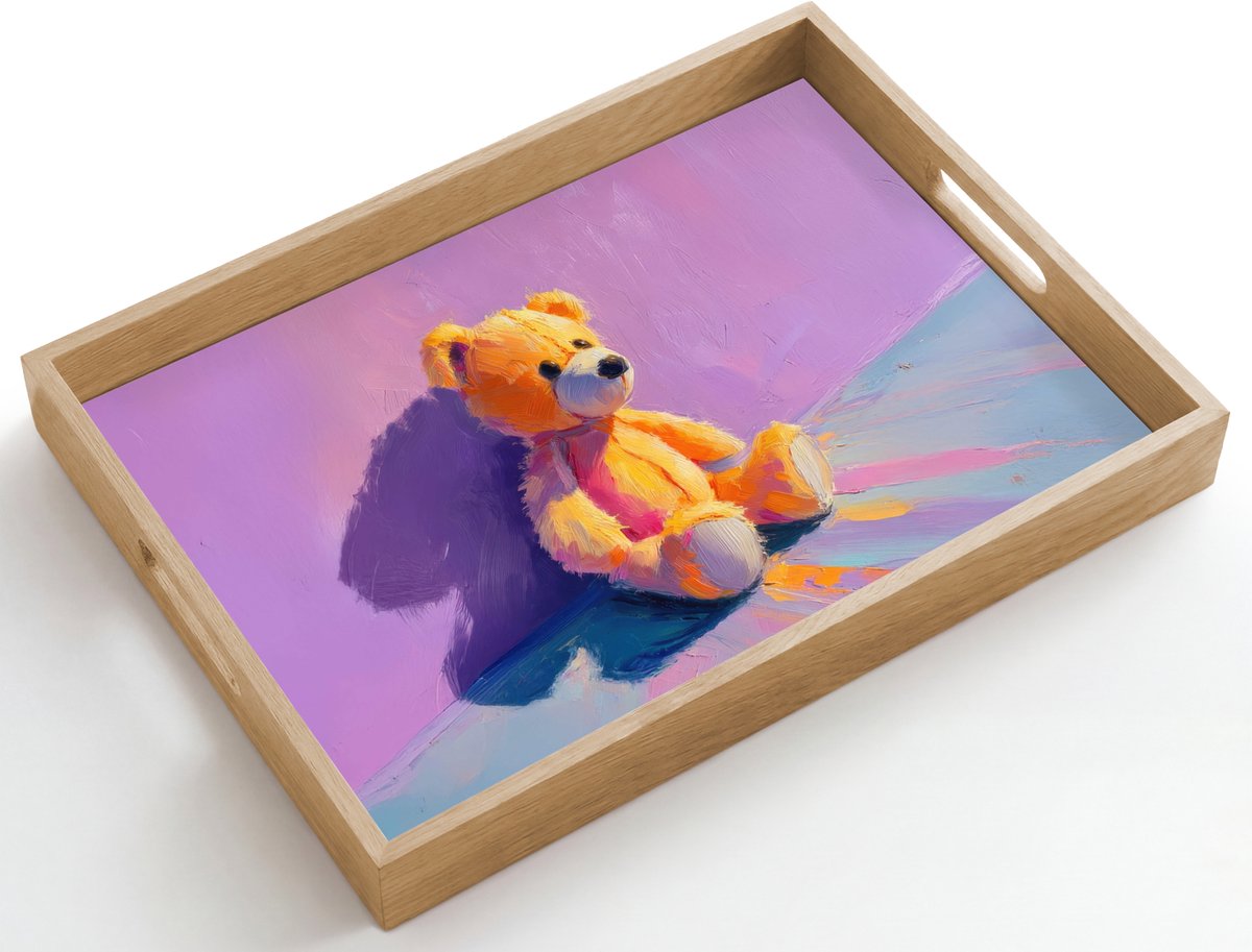 Dienblad hout 50x35 cm - Schootdienblad - Teddybeer - Schaduw - Penseelstreken - Paars - Borrelplank rechthoek - Plateau dienbladen