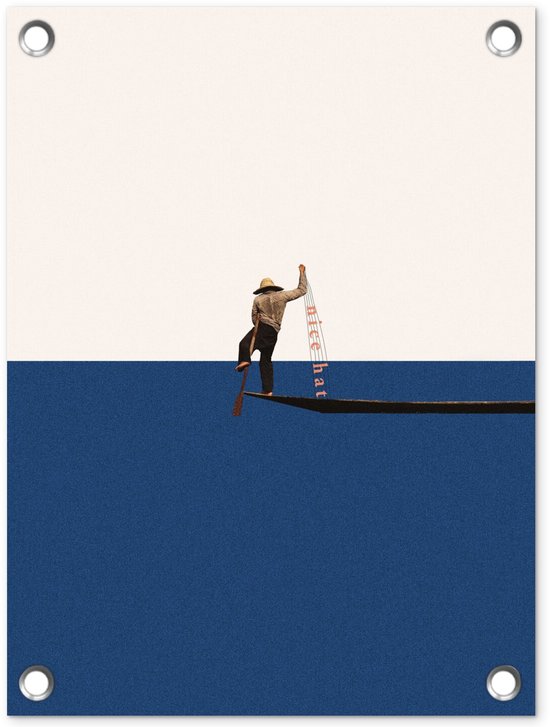Tuingevelposter met een vrouw met hoed, roeien met een peddel op een donkerblauwe wateroppervlak.