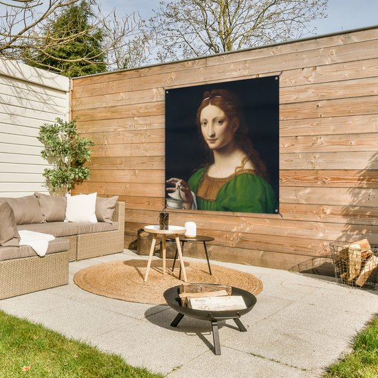 Tuinposter 100x100 cm - Tuindecoratie Maria Magdalena - Leonardo da Vinci - Poster voor in de tuin - Buiten decoratie - Schutting tuinschilderij - Tuindoek muurdecoratie - Wanddecoratie balkondoek