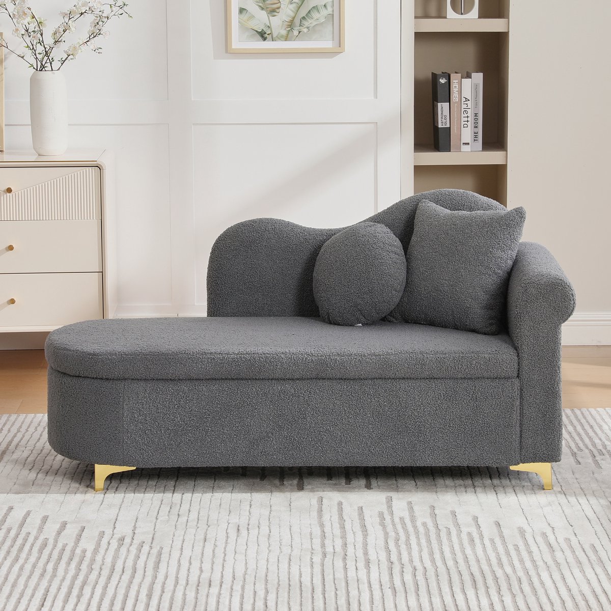 REDOM Chaise Longue Met Opbergruimte - Golvende Rugleuning - Retro - Voor Woonkamer - Teddybekleding - Antiekgrijs - 134 X 64 X 70 Cm