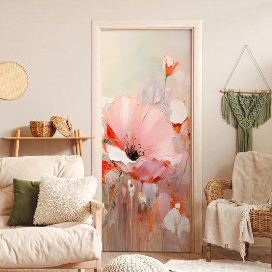 Abstract schilderij van een grote roze klaproos met rode accenten op een lichte achtergrond.