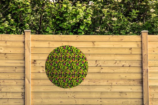 Tuincirkel Panterprint - Neon - Geel - Roze - 90x90 cm - Ronde Tuinposter - Buiten