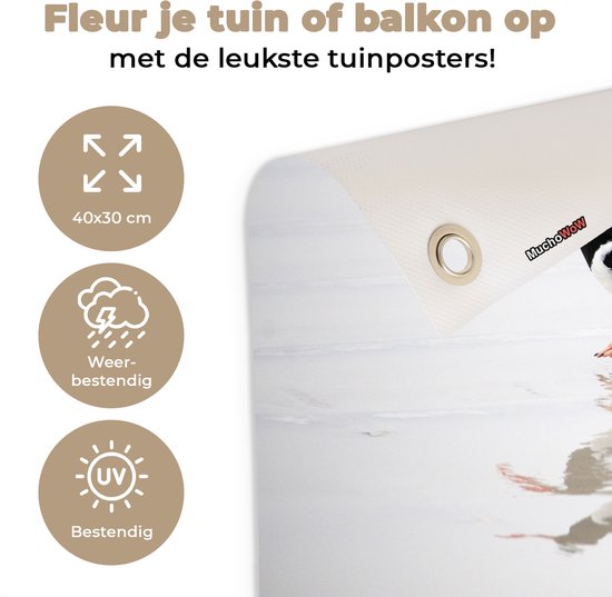 Tuinposter 40x30 cm - Tuindecoratie Scholekster weerspiegelt in het water - Poster voor in de tuin - Buiten decoratie - Schutting tuinschilderij - Tuindoek muurdecoratie - Wanddecoratie balkondoek