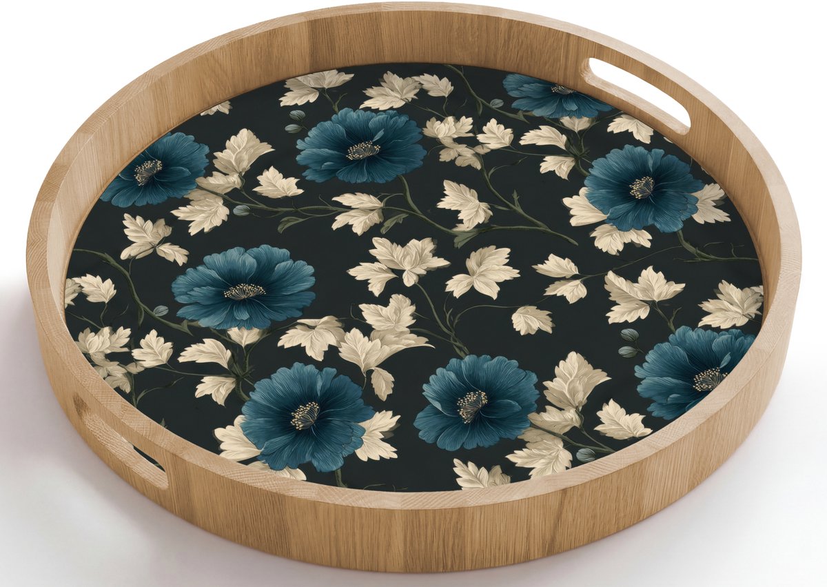 Dienblad rond 50x50 cm - Schootdienblad hout - Botanisch - Bloemen - Blauw - Borrelplank rechthoek - Plateau houten dienbladen