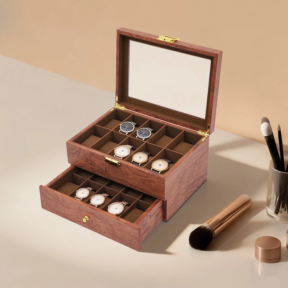 Dailygoods Horloge-opbergdoos met 20 slots, houten horlogekast met 2 lagen voor mannen en vrouwen, vitrine voor sieraden