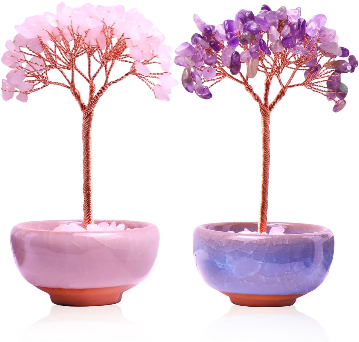 Dailygoods- Kristalboom - Natuurlijke Amethist - Decoratieartikel - Bonsai - 2 Stuks - Hars - 8,5 x 6,5 x 14 cm - Gelukboom