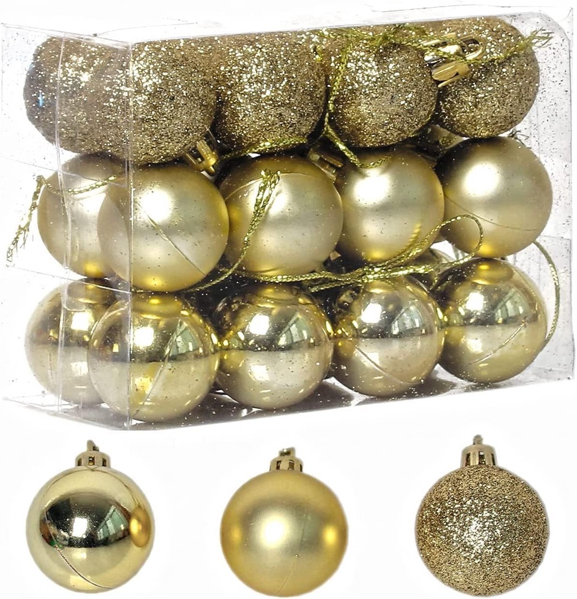 Kerstballen Set van 24 Stuks, 3CM Versieringen voor Kerstboom en Feestdecoratie, Schokbestendige Frosted en Glanzende Ballen in Goud