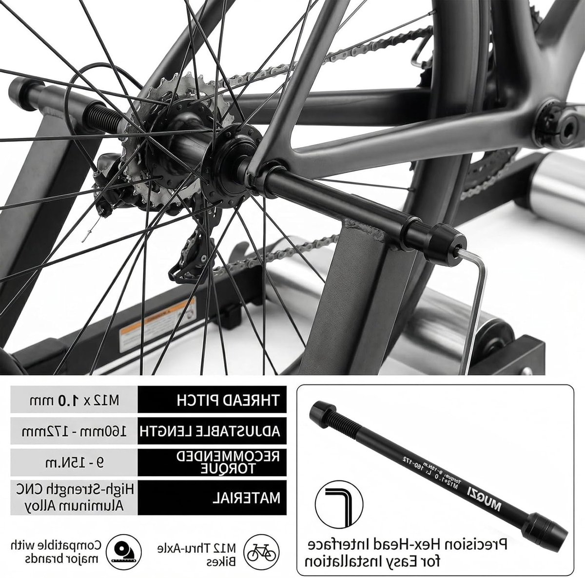 Aluminium Thru Axle Adapter voor Fietstrainers met M12 x 1.5 Draad - Geschikt voor Race- en Mountainbikes, Perfect voor Binnen trainen