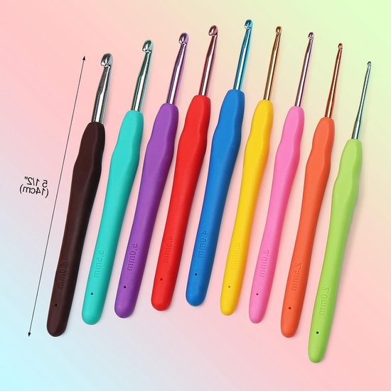 Ergonomische Haaknaalden Set voor Artritis, 9-delige Kleurige Aluminium Haaknaalden met Zachte Grip, Ideaal voor Beginners en Gevorderden — afbeelding 2
