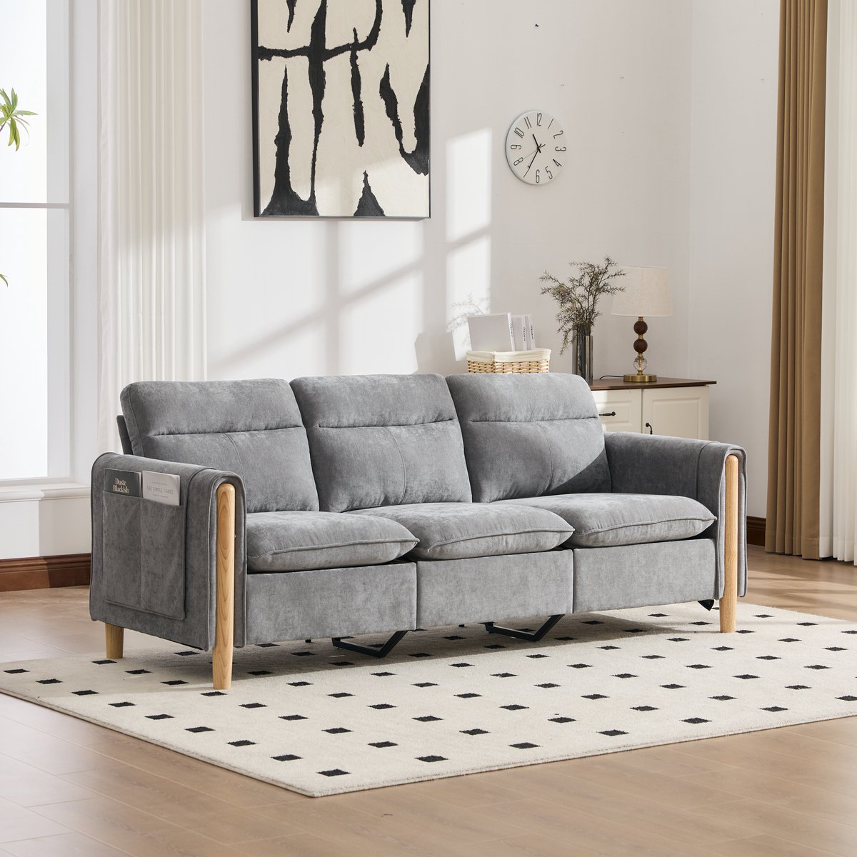 OKWISH Hoekbank 201 Cm - 3-Zits Met Opberghocker En Zijvakken - Voor Woonkamer En Kleine Ruimtes - Chenille - Lichtgrijs