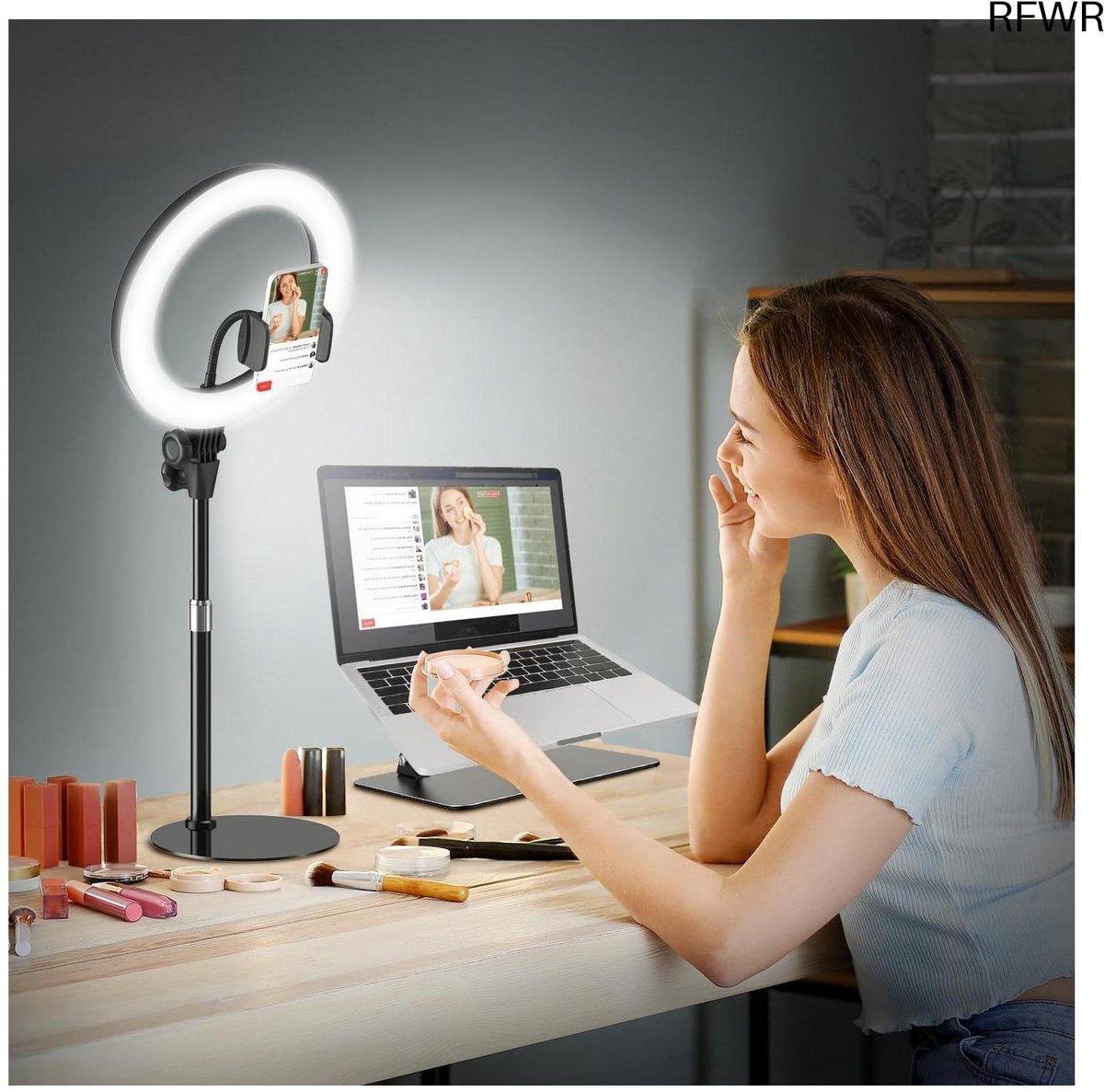 Ringlamp met Statief - Verlichting Set - Video Conferencing - 3 Kleuren 10 Helderheden - 10.5 Inch - Zwart