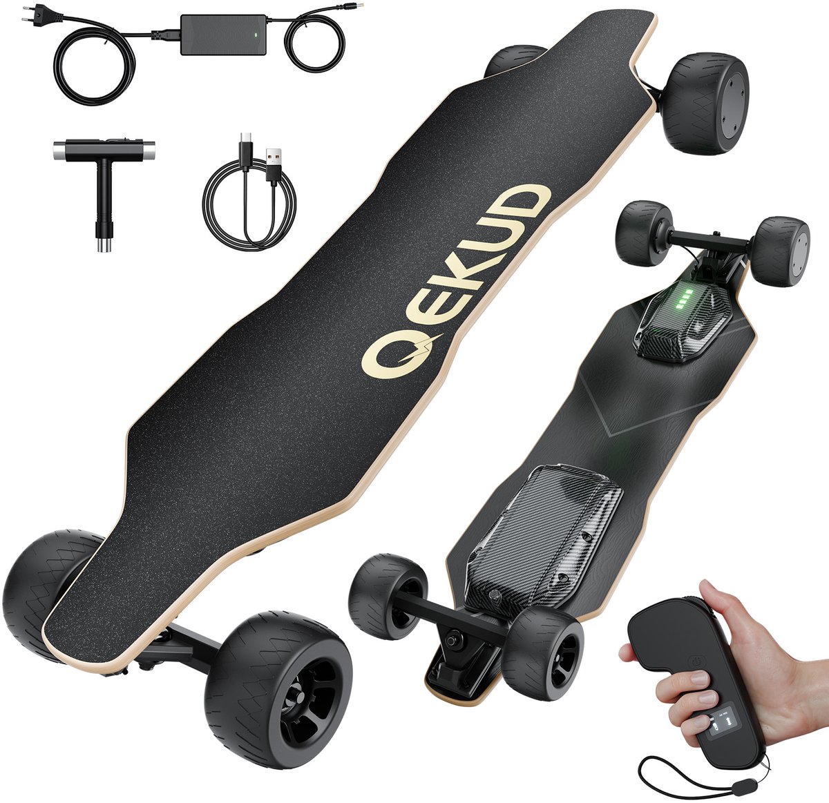 Qekud S3 Elektrisch Skateboard – 1100W Dual-Motor 45km/h 35km Bereik All-Terrain Cloudwheels IPX4 OLED Afstandsbediening Zwart