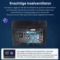 De achterzijde van de autoradio met nadruk op de krachtige koelventilator. Een voorbeeld in de app toont de ventilatorinstellingen.