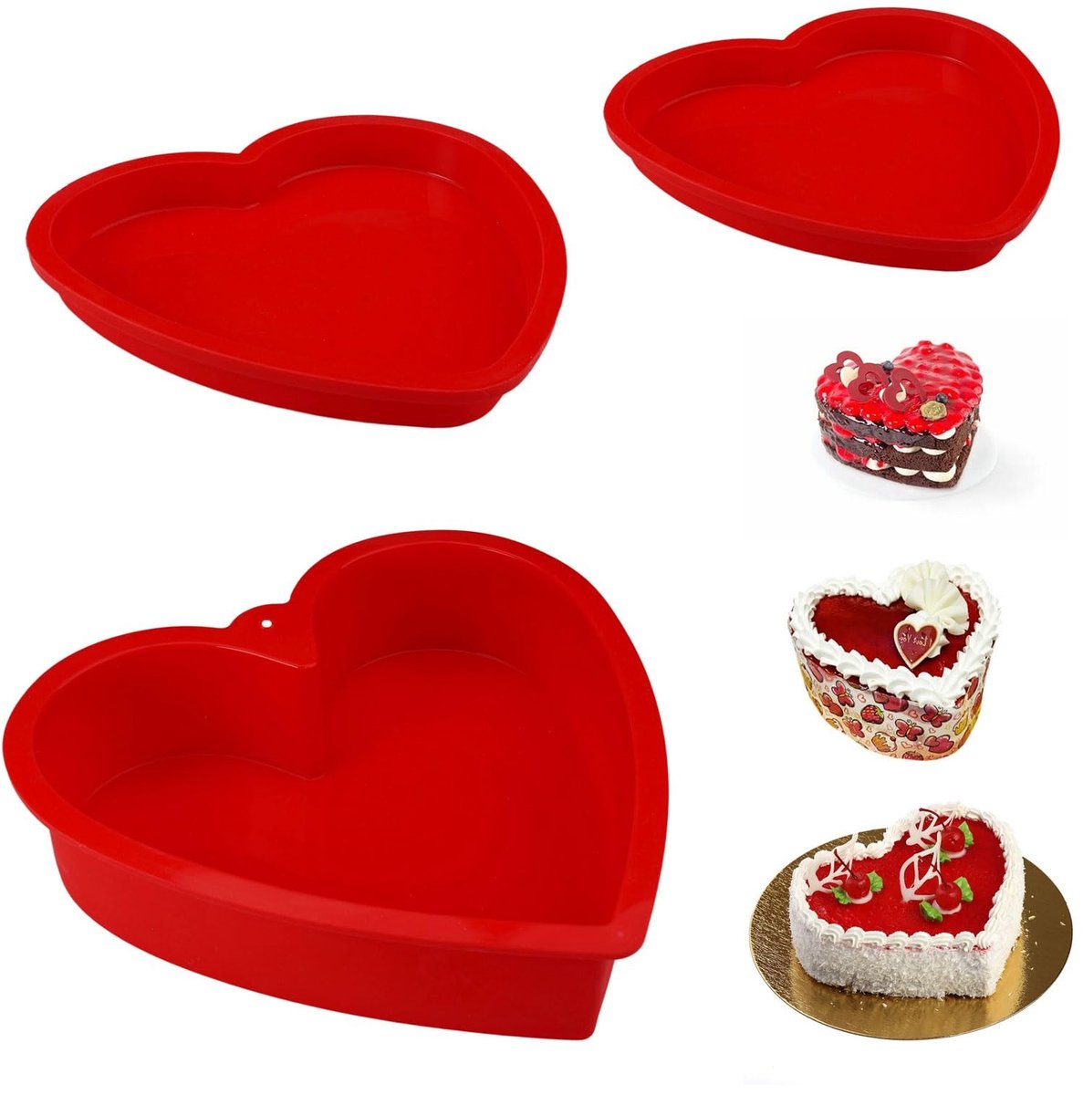 Dailygoods - 3 Stuks Hartvormige Siliconen Bakvormen - Rood voor Taarten en Puddingen