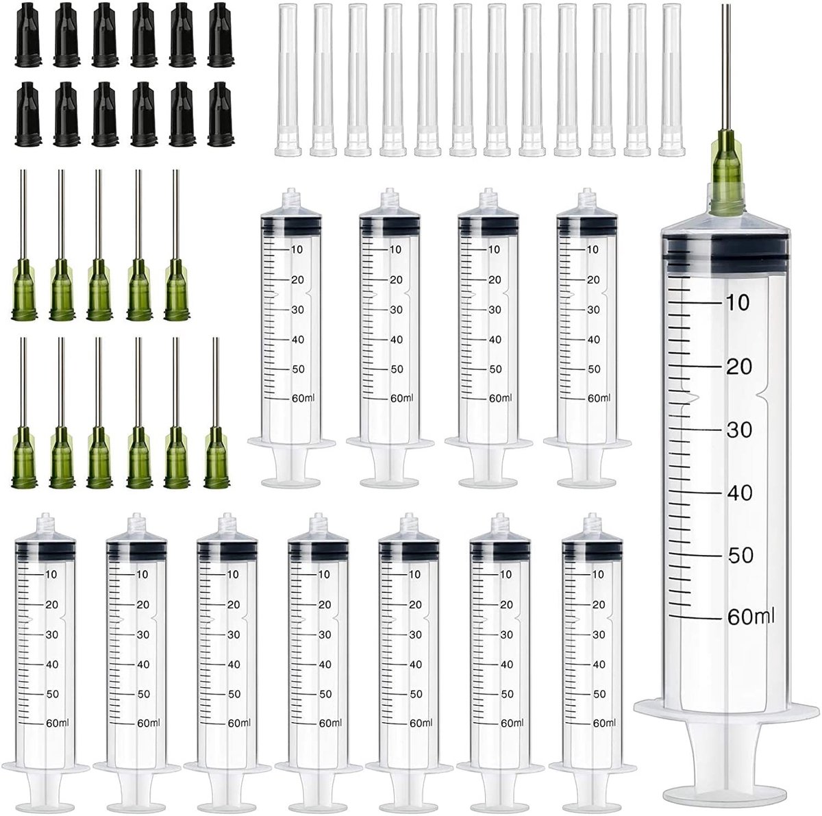 JHUBERS- Plastic Spuiten 60ml - 12 Stuks - Doseerspuit met Meting - Wegwerpspuit met Stompe Naald - Kunststof Spuit voor Huisdieren - Geschikt voor Doe-het-zelf Landbouw