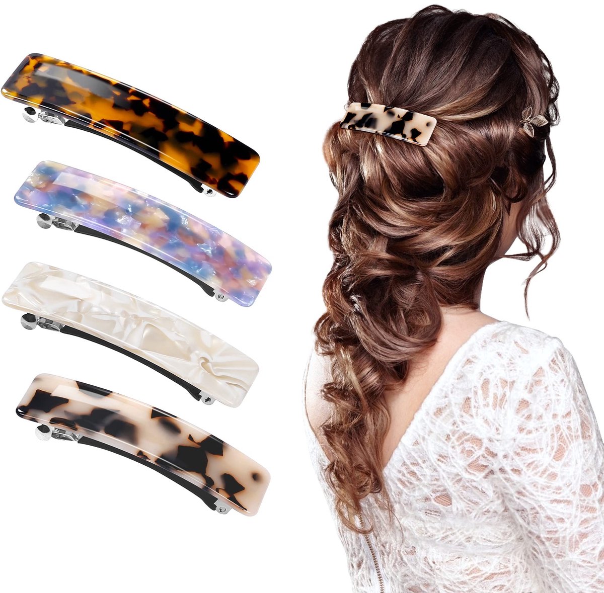 Dailygoods- Haarclips 4 stuks - Rechthoekige Haarclip - Franse Haarspeld - Duurzaam Celluloseacetaat - Antislip Klem - Glanzende Afwerking - Haarspelden