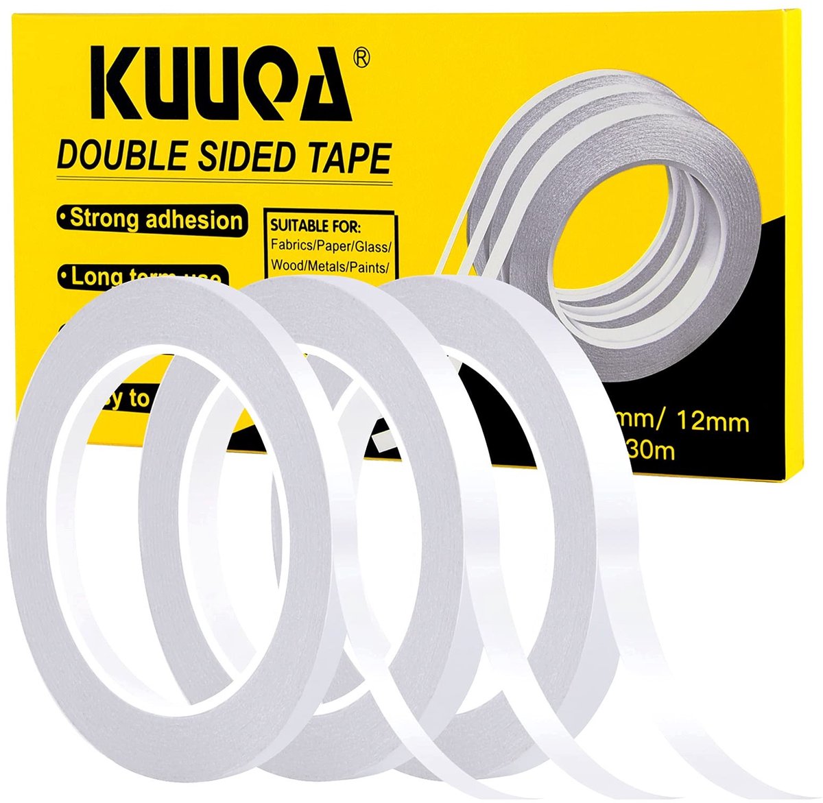 Dailygoods- Dubbelzijdige Tape Extra Sterk - 3 Rollen - 30 m - Breedte 6 mm/9 mm/12 mm - Voor Hout/Metaal/Glas - Sterke Hechting - Plakband