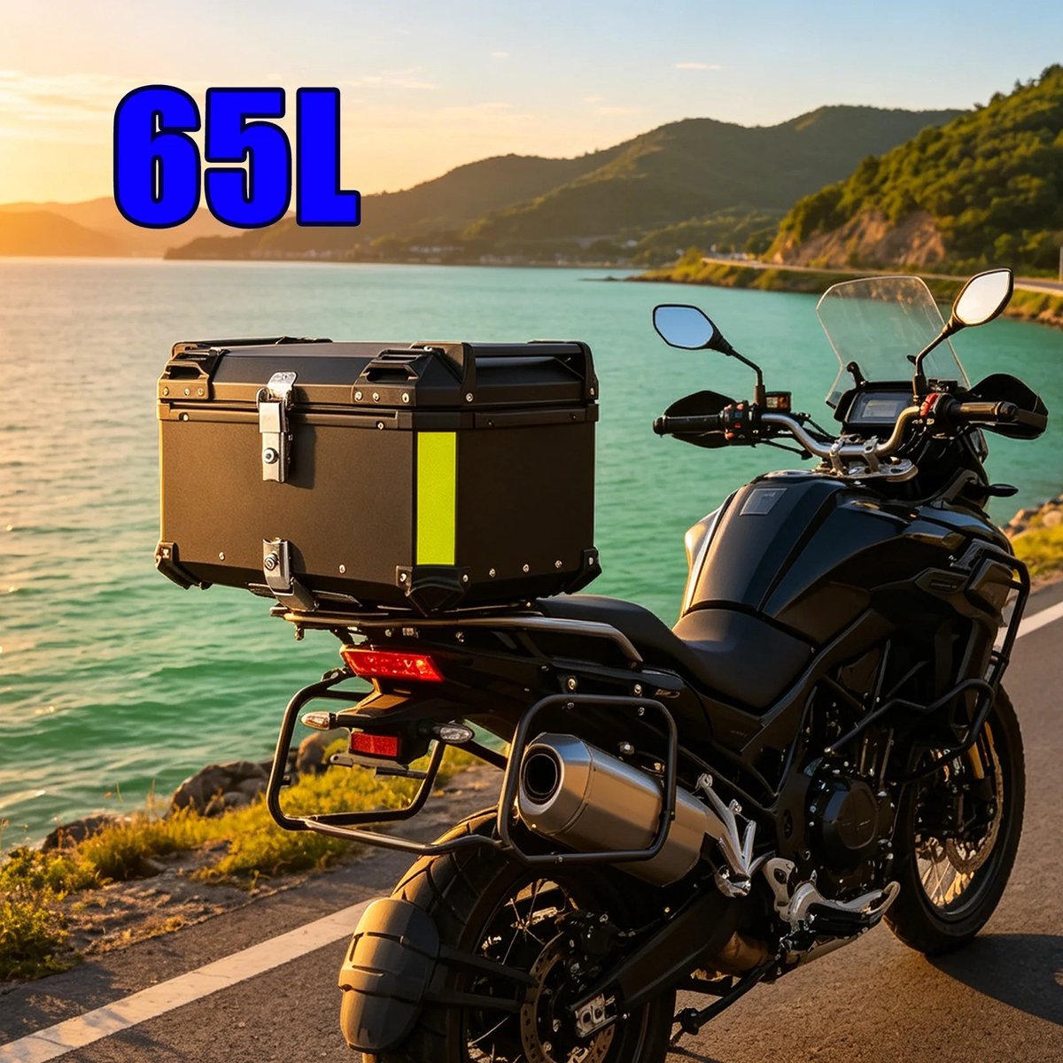 Dailygoods 65L aluminium motorfiets achterkoffer met roestvrijstalen slot, universele waterdichte topkoffer met lederen