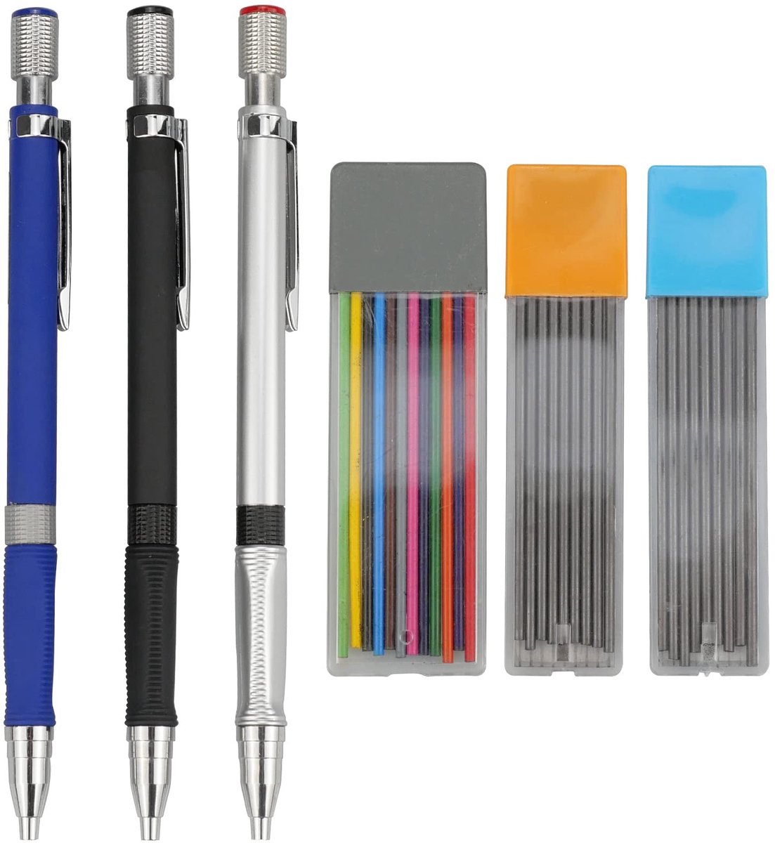 Dailygoods- Vulpotlood 2 mm Set - 3 Stuks - Automatisch Potlood - Zwarte/Kleur Vullingen - Duurzaam - Voor Tekenen/Schetsen - Mechanisch Potlood