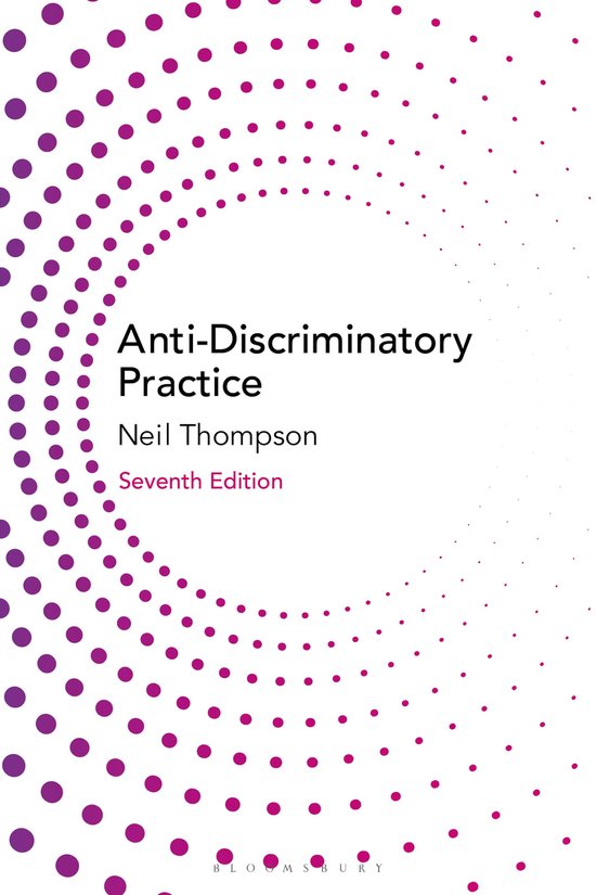 Titre 'Anti-Discriminatory Practice' par Neil Thompson, septième édition, avec un motif circulaire rose.