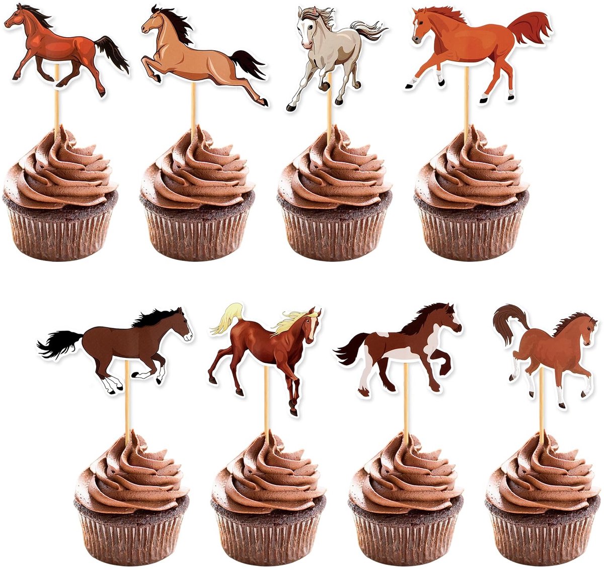 Dailygoods- Taartdecoratie Paard - Cupcake Toppers - Taartdecoratie Set - Feestdecoratie - 16 Stuks - Papier/Hout