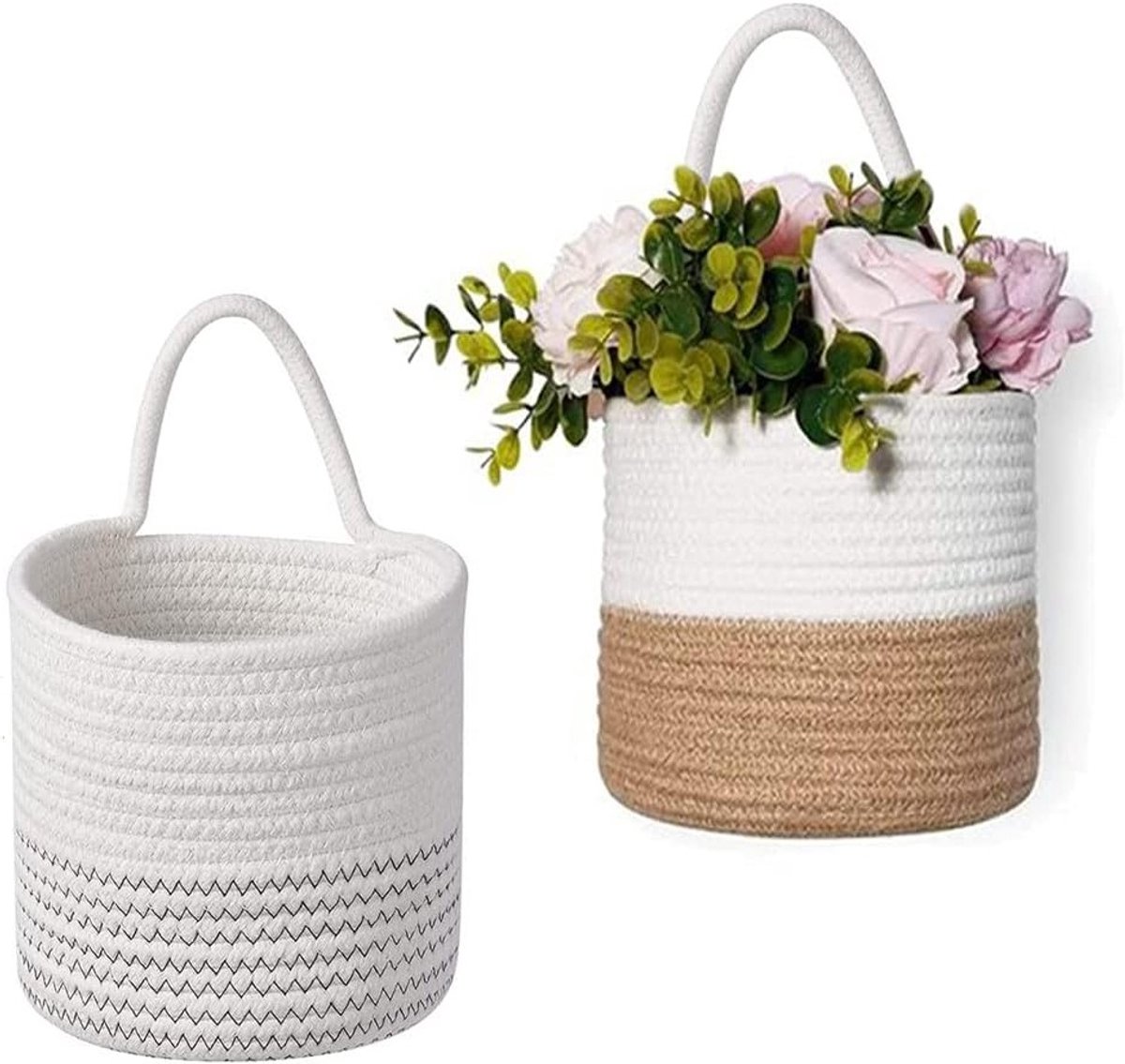 Set van 2 Woven Katoenen Mandjes, Hangende Wandmanden voor Planten en Speelgoedopslag - Organiseer je Ruimte (18x19cm)