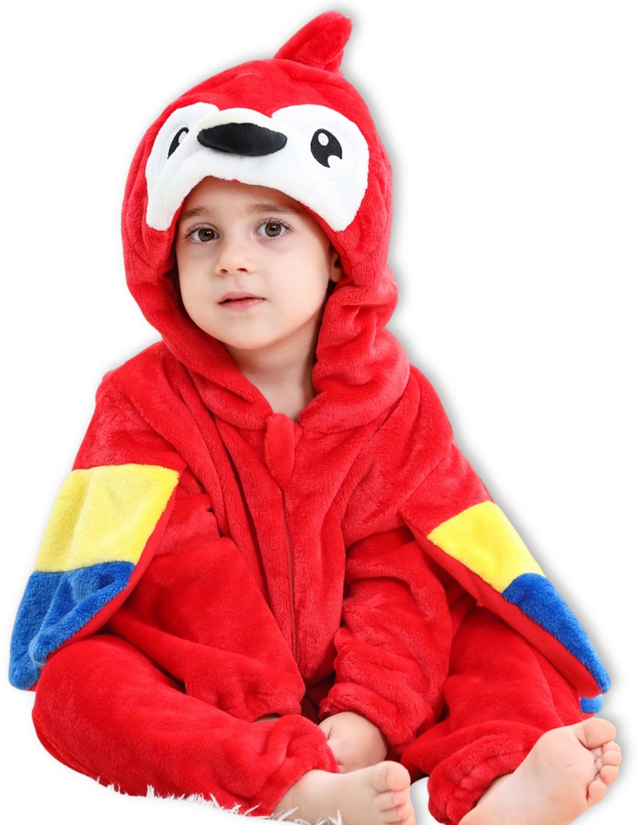 BoefieBoef Dieren Baby Onesie Peuter Pyjama Kinderen 6 maanden tot 2 jaar – Papegaai – Verkleedkleding met Luierrits – Carnaval Dierenpak - Kerst en Kraamcadeau Tip – Zacht Flanel - Romper - Boxpak - Jongens - Meisjes - Kruippak - Winterpak