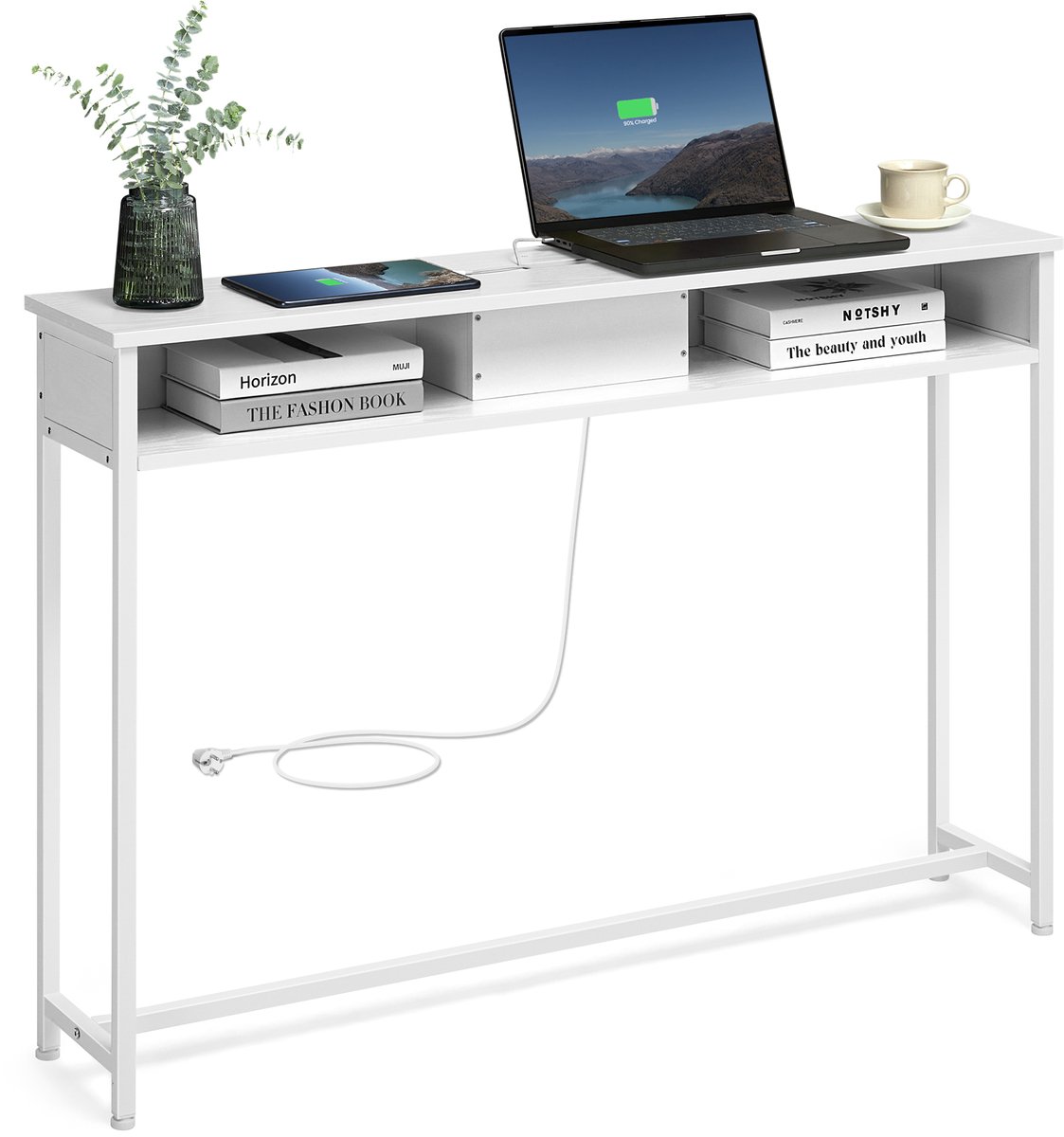 Vasagle Consoletafel - Haltafel - Console Tafel met Stopcontacten - 2 Vakken - Smal en Ruimtebesparend Wit