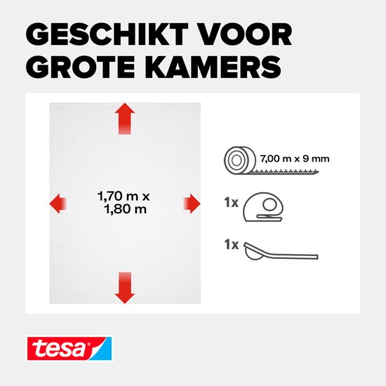 Wit polyester gaas van 170x180 cm, geschikt voor grote kamers. Inclusief 7m tape.