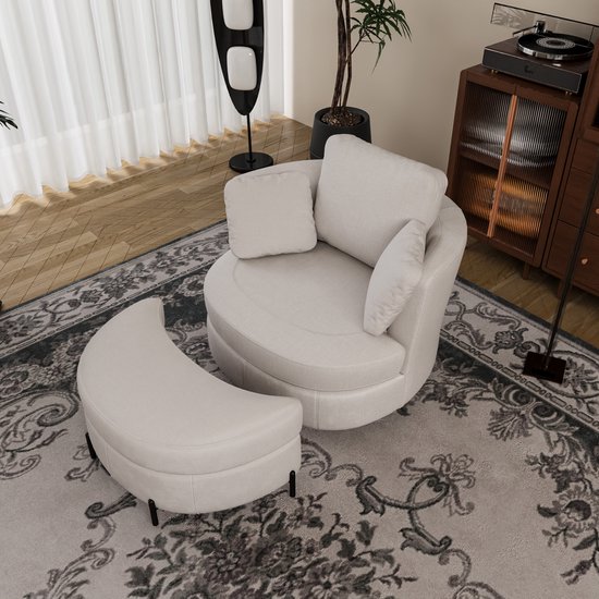 HAUSS SPOLE Fauteuil - Draaifauteuil Met Hocker - 360 Graden Draaibaar En Comfortabel - Voor Woonkamer En Slaapkamer - Beige